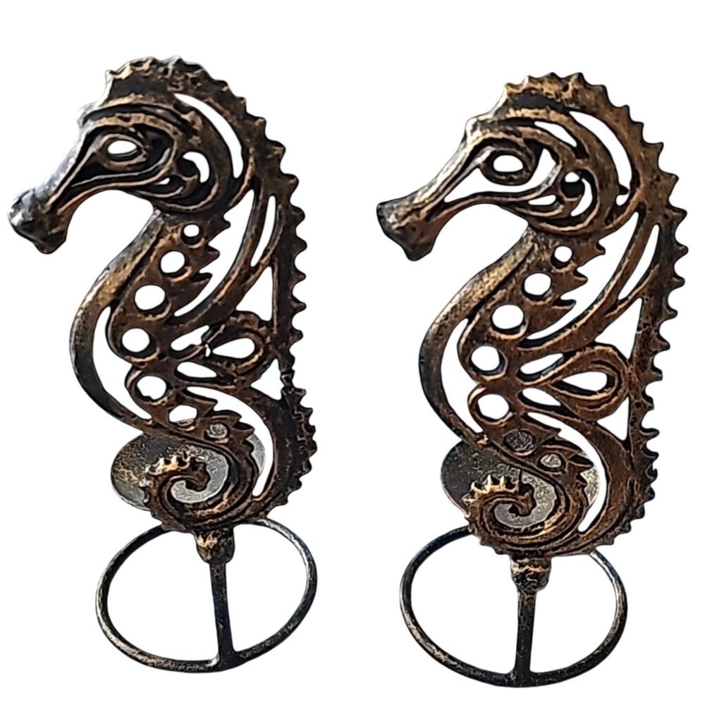 Set of Two Brass Seahorse Ball Candle Holders Made in Indonesia 9.5" x 3.5"